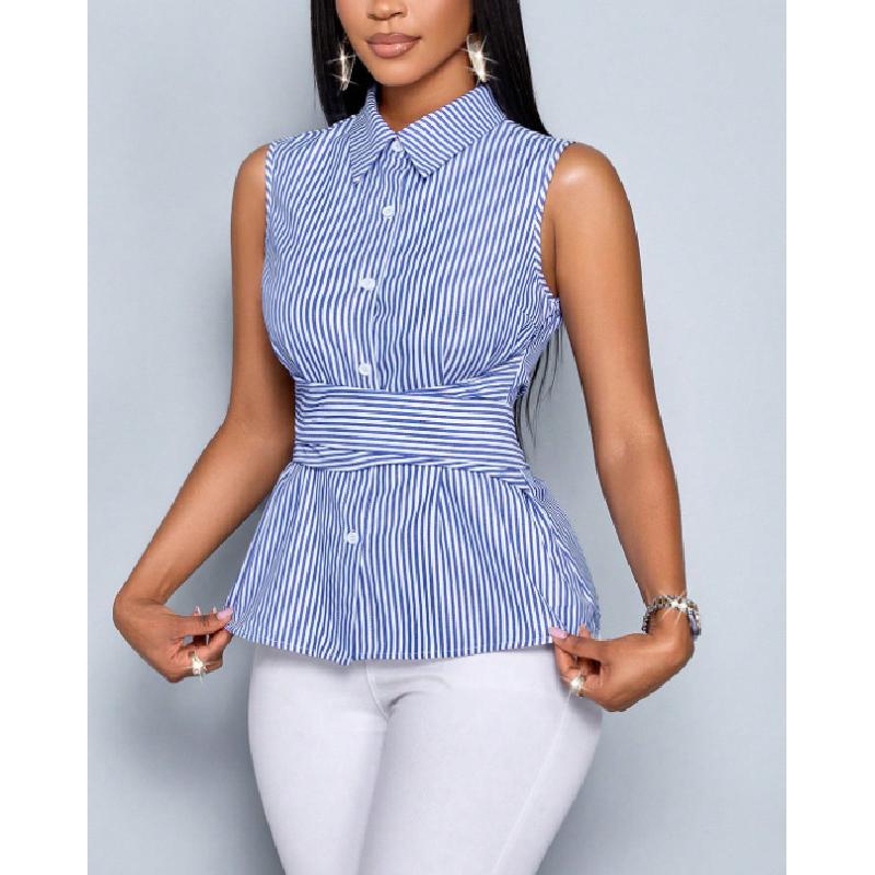 Women's new striped sleeveless blue shirt summer tie-waist tank top