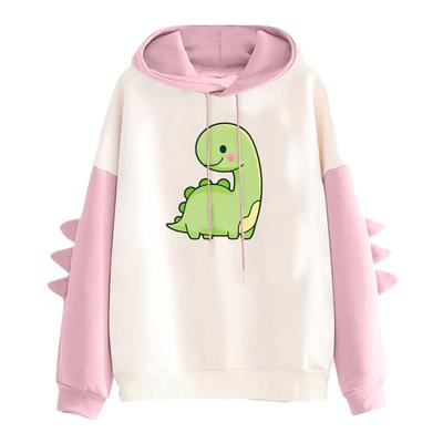 Damen Bedruckter Kontrastfarbiger Dinosaurier Lockerer Freizeit-Hoodie