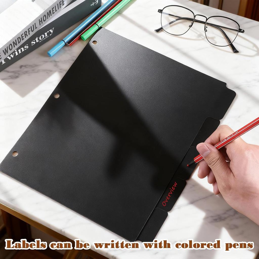 3 Ring Plastic Binder Dividers, Black Dividers with 5 Tabs, Durable Index Binder, Blank Write Erase Page Divider for School Office Home Organizing