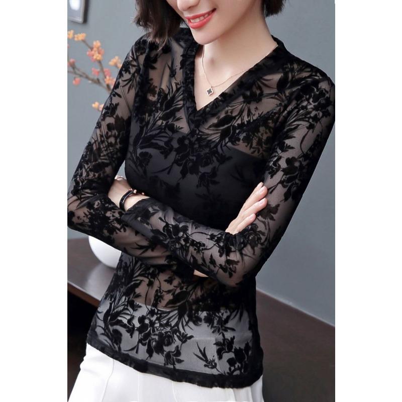Women's Black Floral Lace V-neck Slim Long-sleeve Top Sheer Casual Blouse