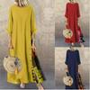 Autumn Retro Floral Round Neck Contrast Color Button Stitching Three-quarter Sleeves