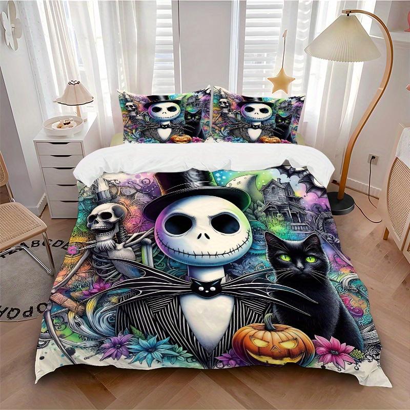 3pcs Halloween Nightmare Before Christmas Ideas Printed Quilt Set - Includes 1 Quilt Cover and 2 Pillowcases, Machine Washable - Suitable for All