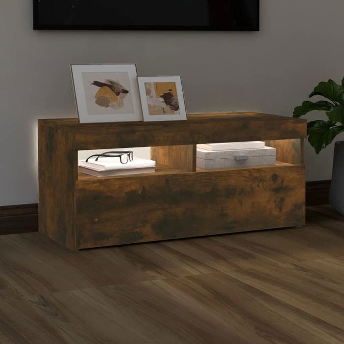 VidaXL TV Stand with LED Lights Smoked Oak 90x35x40 Cm, TV Unit with LED Light, TV Stand, Media Cabinet, TV Cabinet 815675