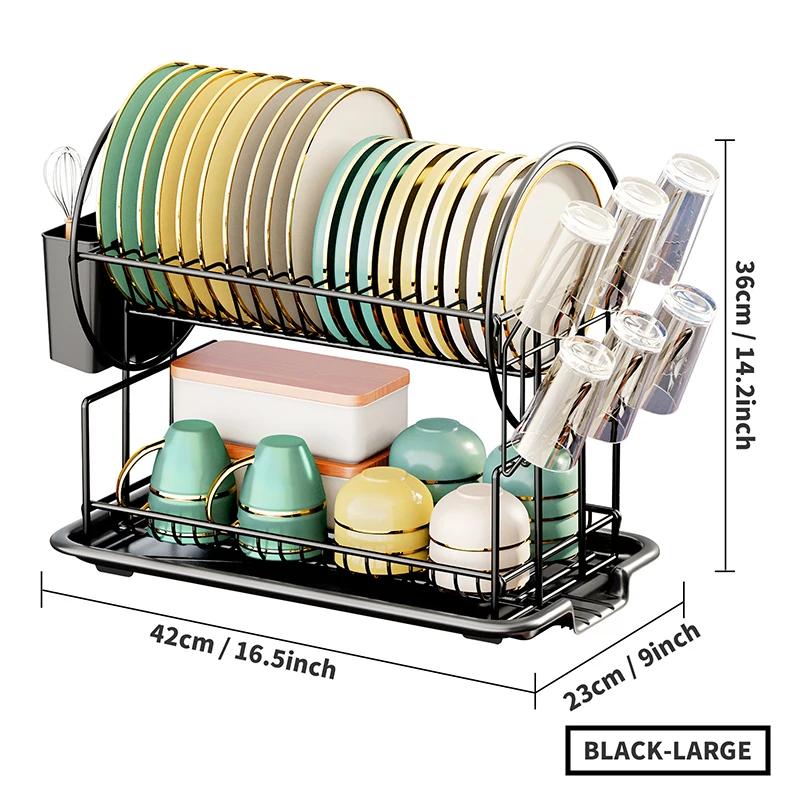 2 Tier Dish Drying Rack Drain Board Set Tableware Drainer Kitchen Countertop Storage Rack Space Saving Organizer for Countertop