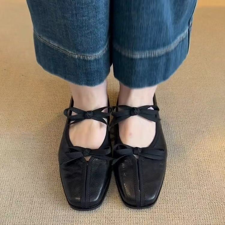 Square Head Retro Bow Mary Jane Shoes Women's New Shallow Mouth One Pedal Low Heel Ballet