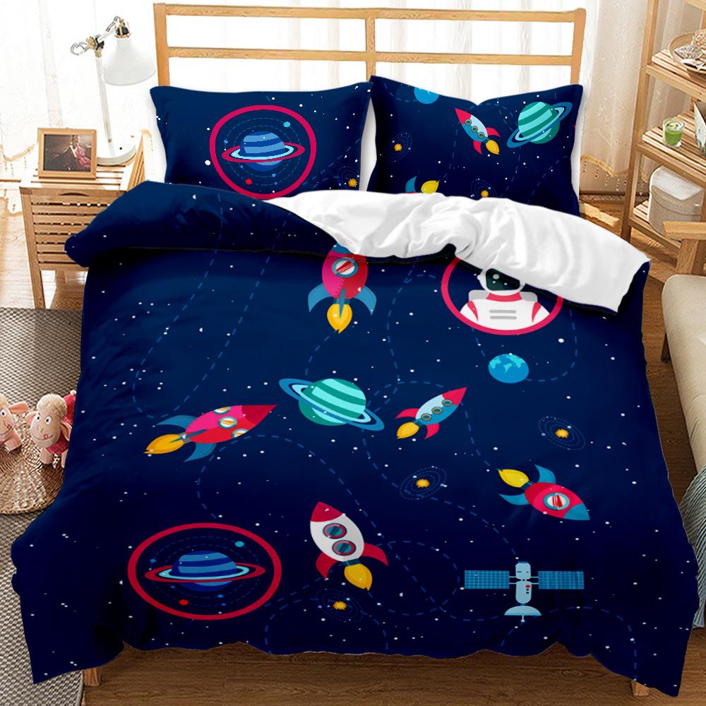 Child Cartoon Astronaut Duvet Cover Bedding Set King Size Boys Kids Galaxy Stars Out Space Soft Polyester Comforter Cover Black