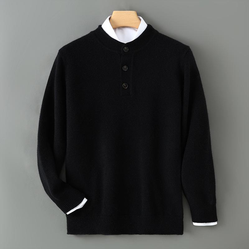 Men s Wool Henley Sweater: Thickened, Round Neck, Half-Button, Warm Knit Pullover for Autumn/Winter M