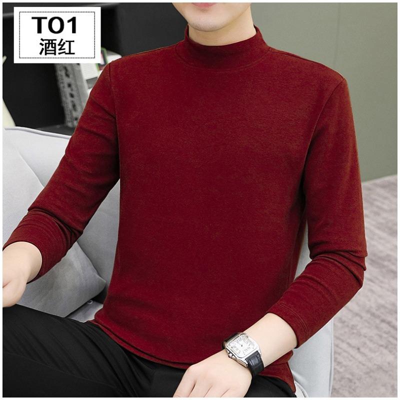 

Spring Autum Half High Collar Solid Color Bottomed T-shirt Male Long Sleeve All-match Cotton Top Pullover Tee Men 5XL кларет