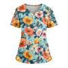 Women's Loose Short Sleeved Fashionable Flowers And Plants Printing V-neck Buttonable Side Slit Top T-shirt
