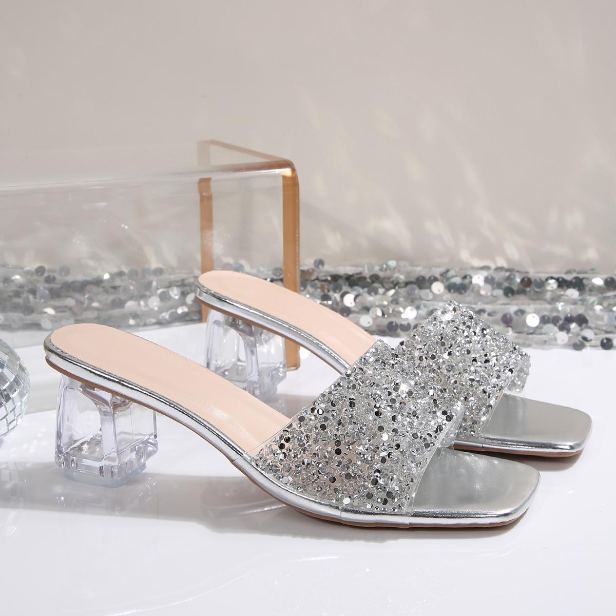 

Fashion Shiny Sequins High Heel Slippers for Women Summer Fashion Square Toe Transparent Heeled Sandals Woman Gold Silver Glitter Slides 35