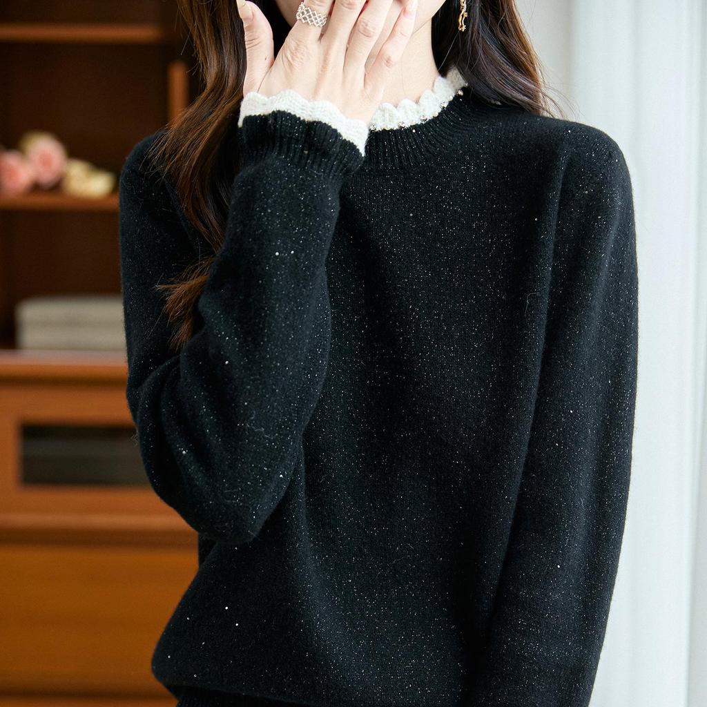 Women's Versatile Crochet Wool Sweater with Half-High Collar - Slimming and Stylish Base Layer Top