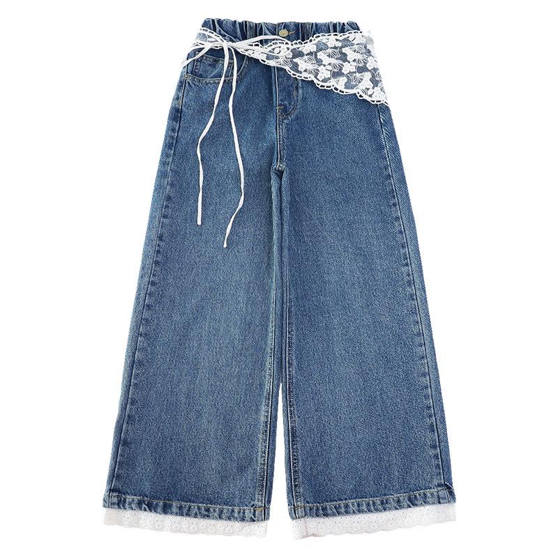 

Girls Fleece-Lined Wide-Leg Jeans - Winter 2025 Casual Warm Bib Pants 150