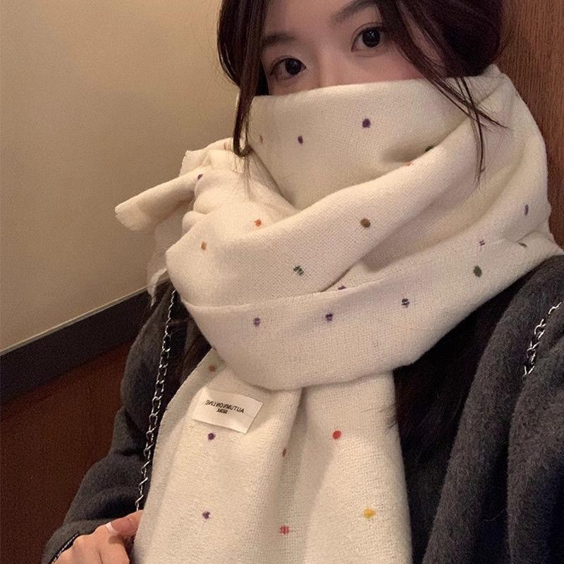Winter Rainbow Polka Dot Scarf Beige Solid Color Warm Cold-proof Shawl Korean Style Fashion Versatile Neck Warmer