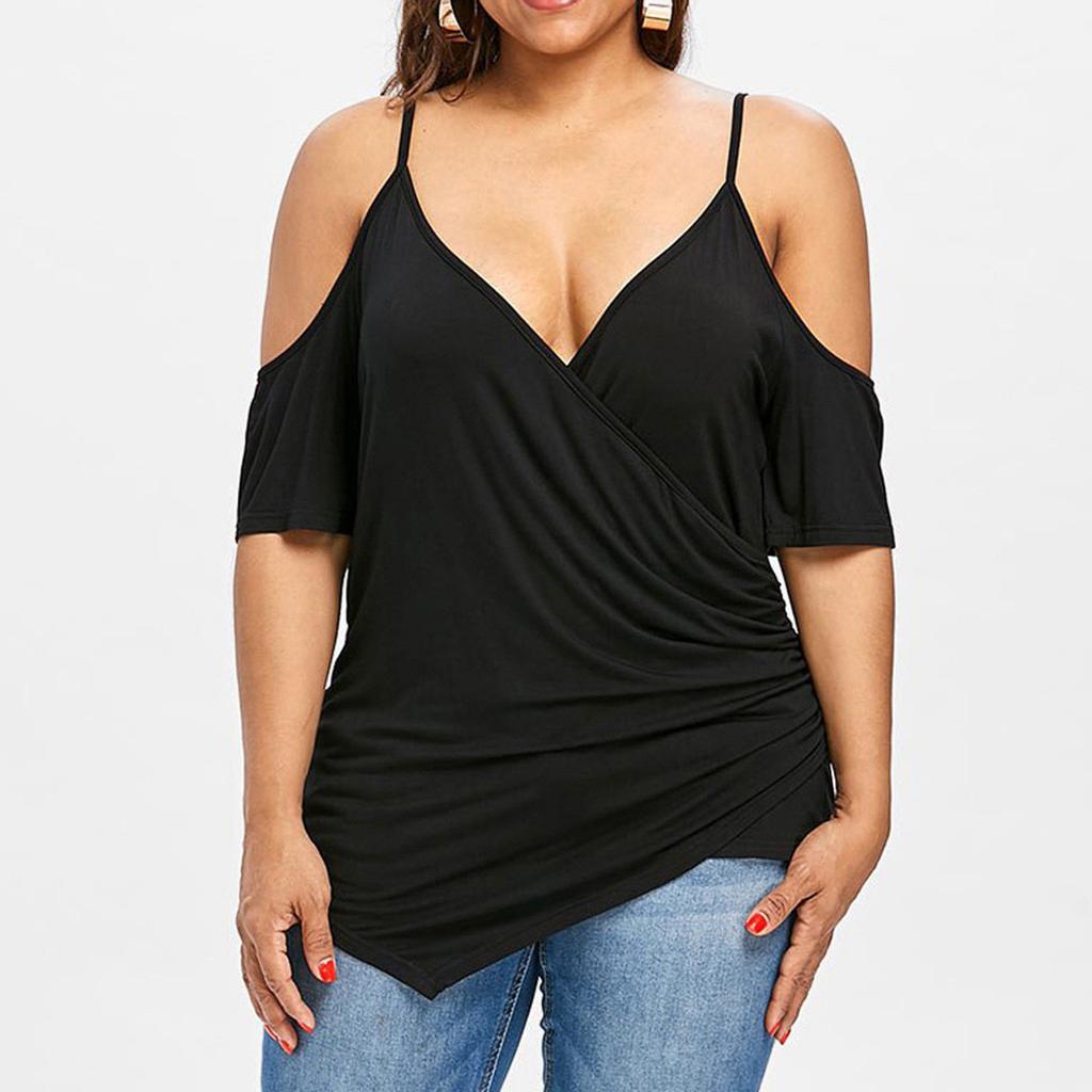 Fashion Womens Plus Size Cutout Asymmetric Cold Shoulder T-shirt V-Neck Tops
