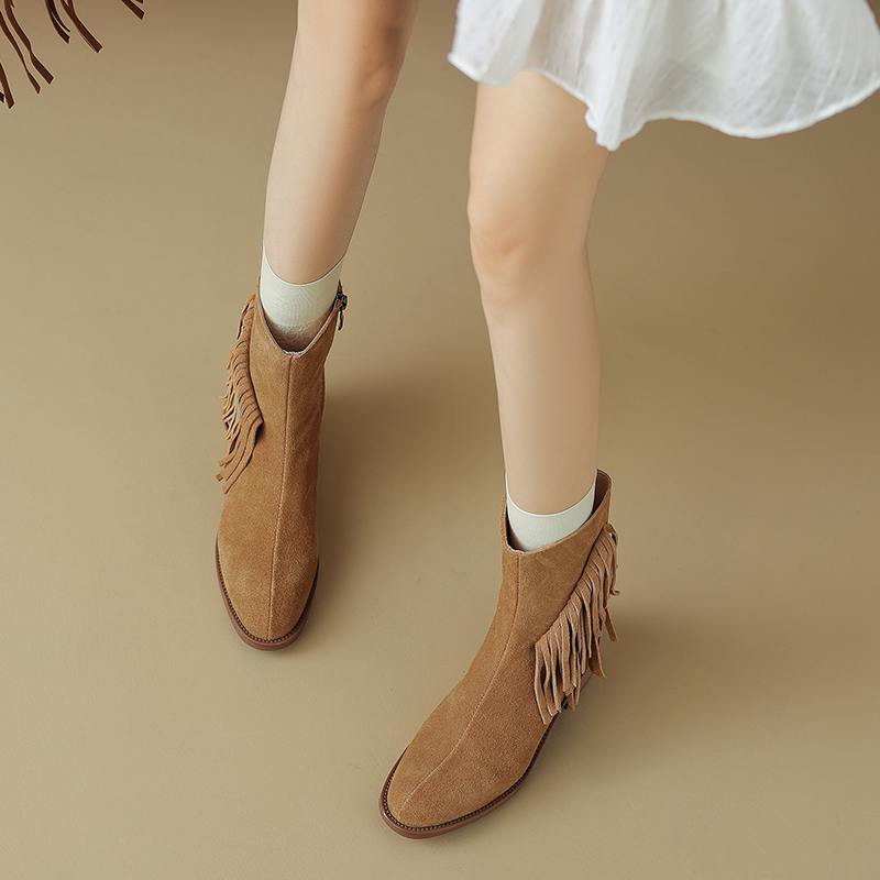 Krazing Pot Cow Suede Nubuck Autumn Winter Shoes Med Heels Size 42 Modern Boots Round Toe Zipper Tassel Ankle Boots