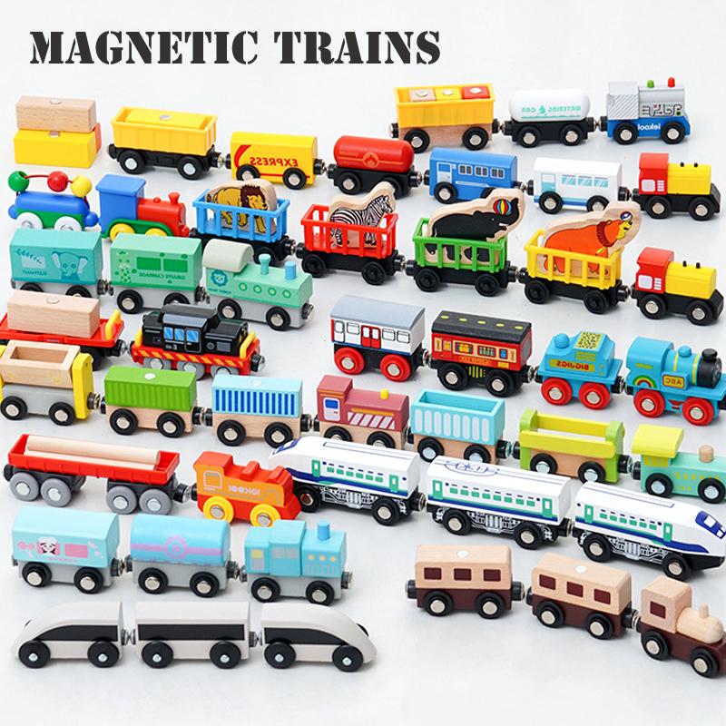Wooden Magnetic Train Car Locomotive Ambulance Fire Truck Wood Railway Accessories fit for Brand Wooden Tracks Toy For Kids