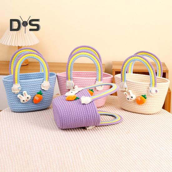 Gewebter Osterkorb mit Griff, gewebter Korb aus Baumwolle für die Eiersuche mit Hase und Karotte, leere Oster-Leckerli-Tasche für Geschenke und Süßigkeiten