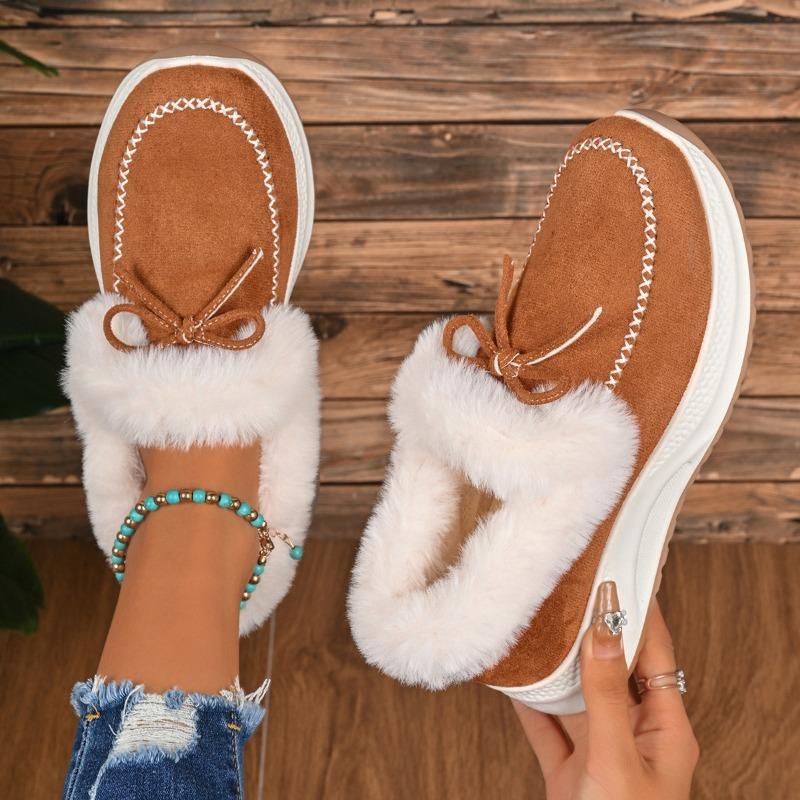 

Женские зимние пушистые сноубутсы в европейском и американском стиле - с бантом, теплые, на толстой подошве, больших размеров, на флисовой подкладке 44 дубильная кора