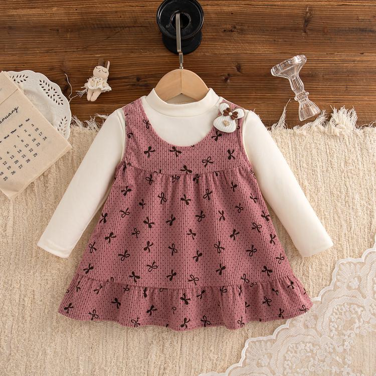 Girls' autumn new 2025 Korean version of infant fake two-piece dress long-sleeved cute rabbit print princess dress
