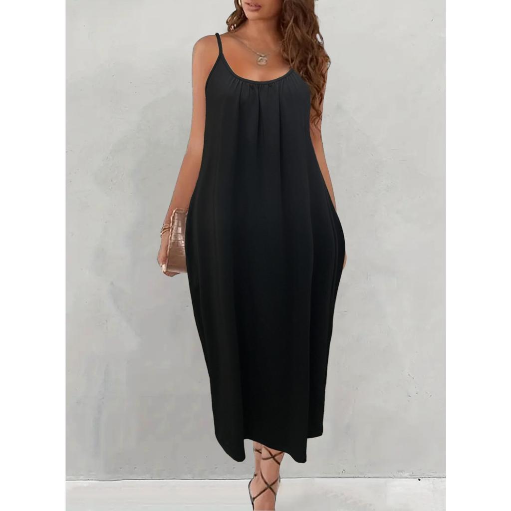 Women's Solid Color Low-cut V-neck Loose Laxy Style Sling Dress, Slimming Spring Summer Casual Dress for Foreign Trade