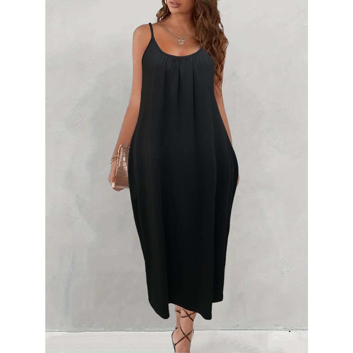 

Women s Solid Color Low-cut V-neck Loose Laxy Style Sling Dress, Slimming Spring Summer Casual Dress for Foreign Trade S чёрный