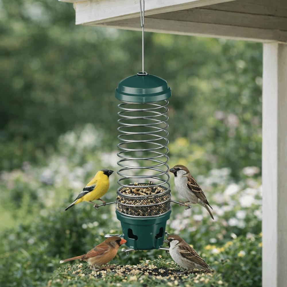 Squirrel Proof Spiral Coil Bird Feeder Metal Bite Resistant Hanging Hummingbird Feeder Heavy Duty Bird Food Container