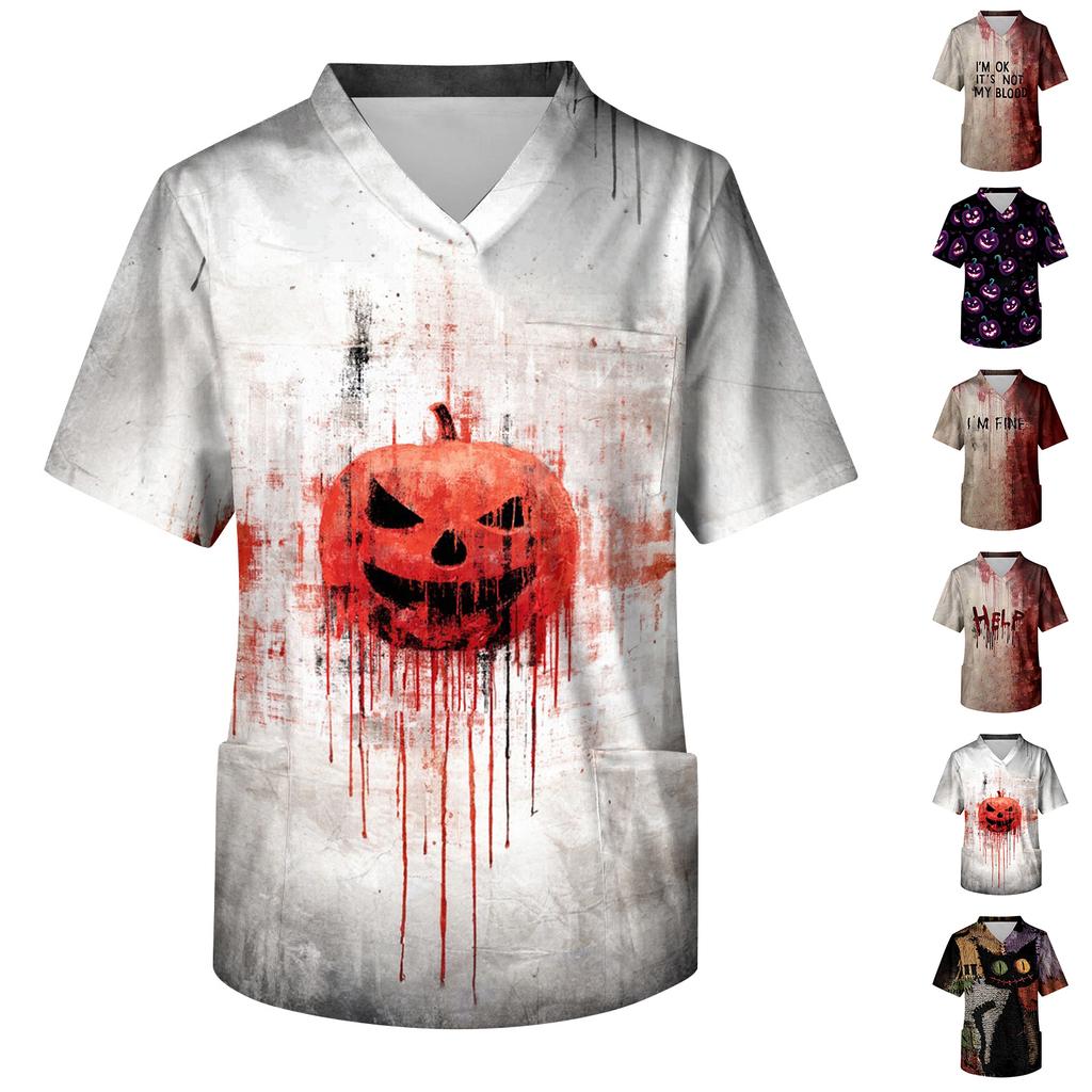 Herren Kurzarm V-Ausschnitt Kasack mit Brusttasche Halloween-Print
