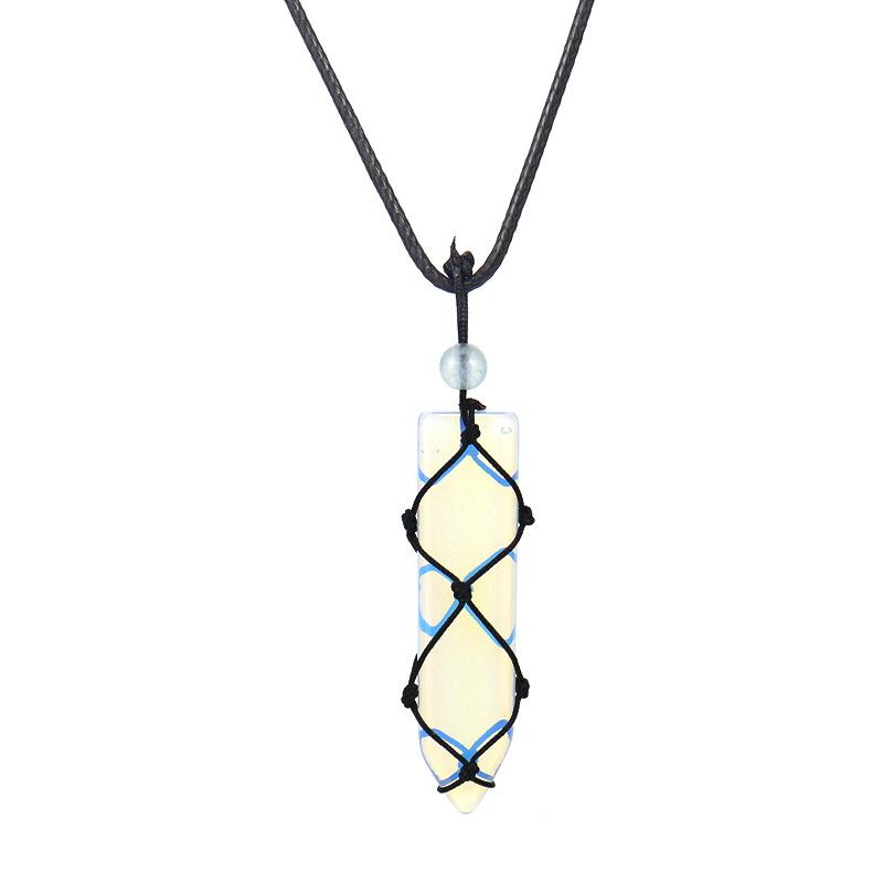 Hand-Woven Natural Stone Crystal Amethyst Sword-Shaped Mesh Pocket Pendant Necklace N578