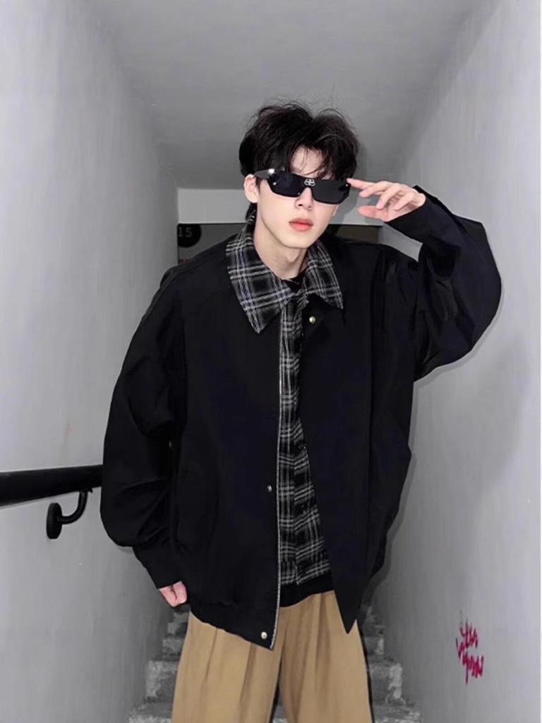 Men's Retro Fake Two-Piece Flight Jacket with Plaid Patchwork - Brown Casual Baseball Style by Meilade