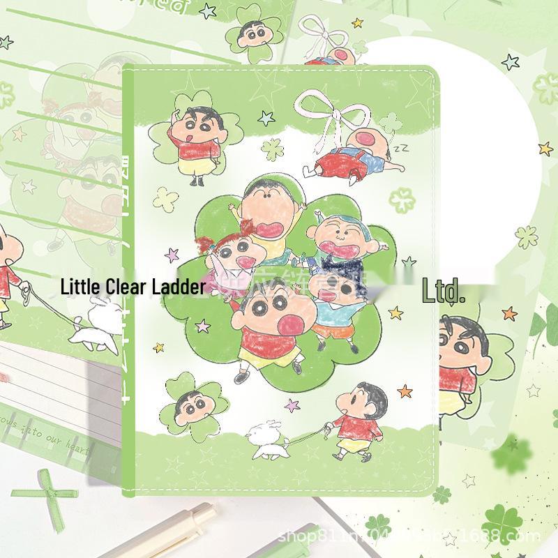 A5 Shin-chan Four-leaf Clover Leather Notebook with Full-Color Pages - Trendy Hardcover Cartoon Planner for Students