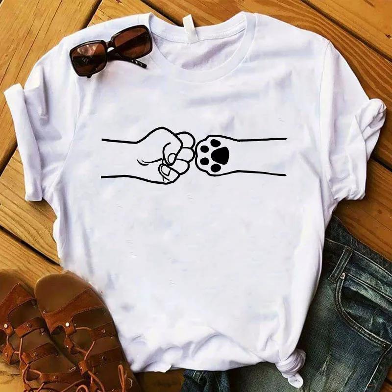 Women T Graphic Flower Never Walk Alone Dog Paw Fashion Printed Top Tshirt Female Tee Shirt Ladies Clothes Tshirt