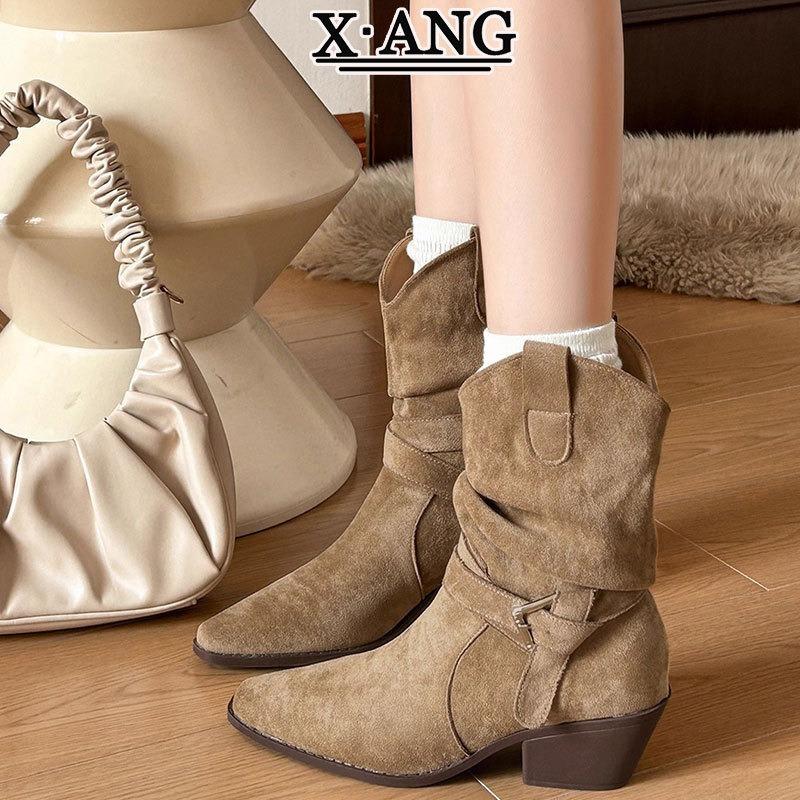 Cowhide Merad Western Cowboy Boots Pleated Pile Boots Pointed Coarse Heel Knight Boots Medium Boots Kids Martin Boots