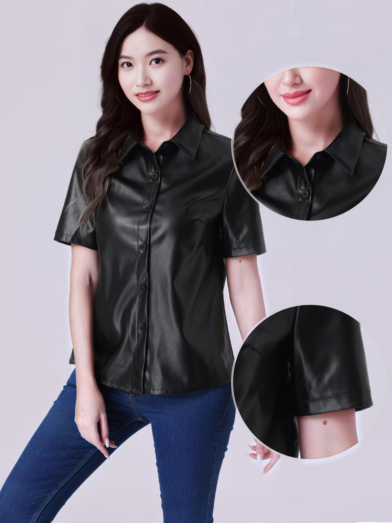 Allegra K Women's PU Leather Button-Down Shirt, Short Sleeve, Color Blouse, Jacket, Party/Club Top, Black, Size S