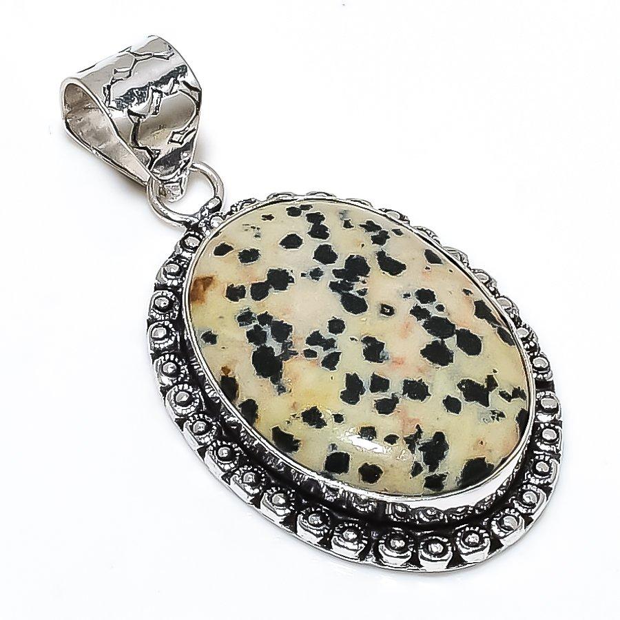 Dalmation Jasper Gemstone 925 Sterling Silver Jewelry Pendant 1.97" SU-10673