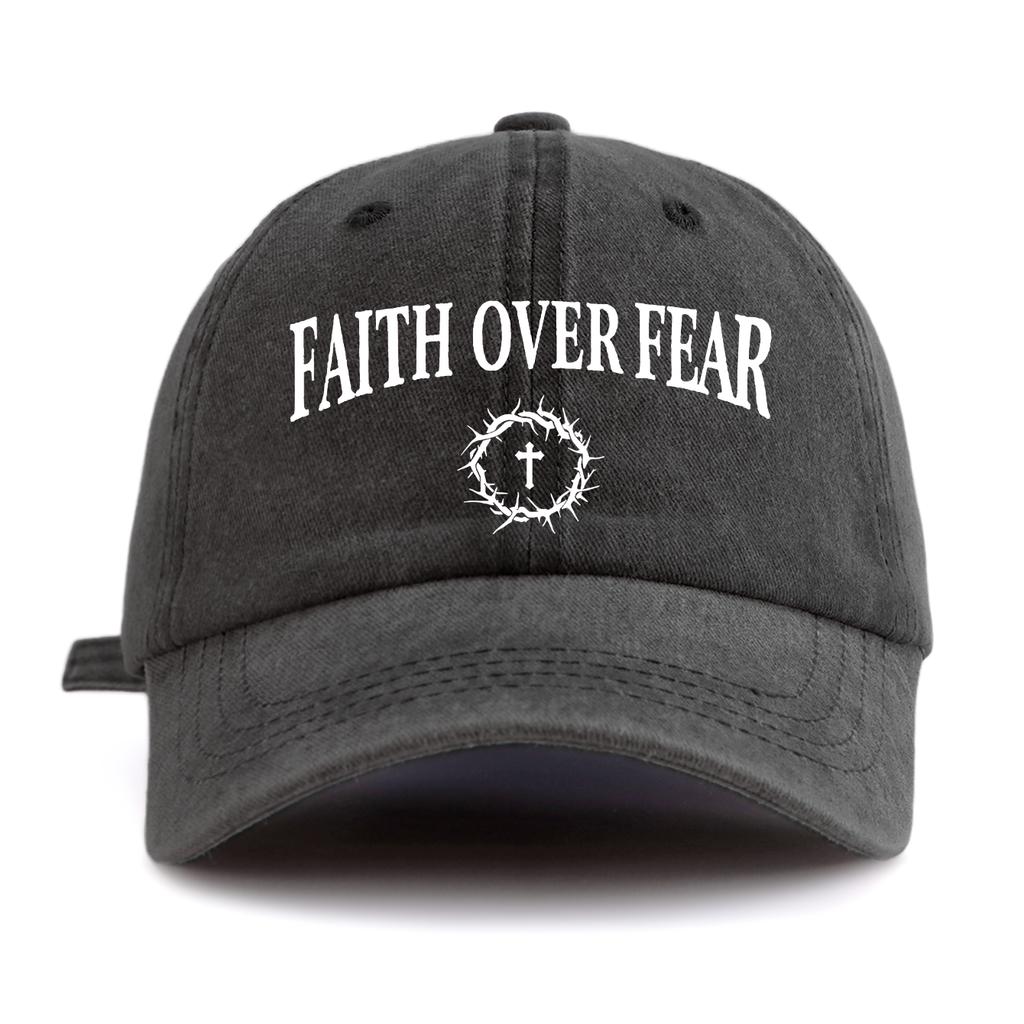 1pc FAITH OVER FEAR Print Washed Baseball Cap for Adults,Minimalist Retro Style Casual Soft Adjustable Dad Hat, Perfect As Gift