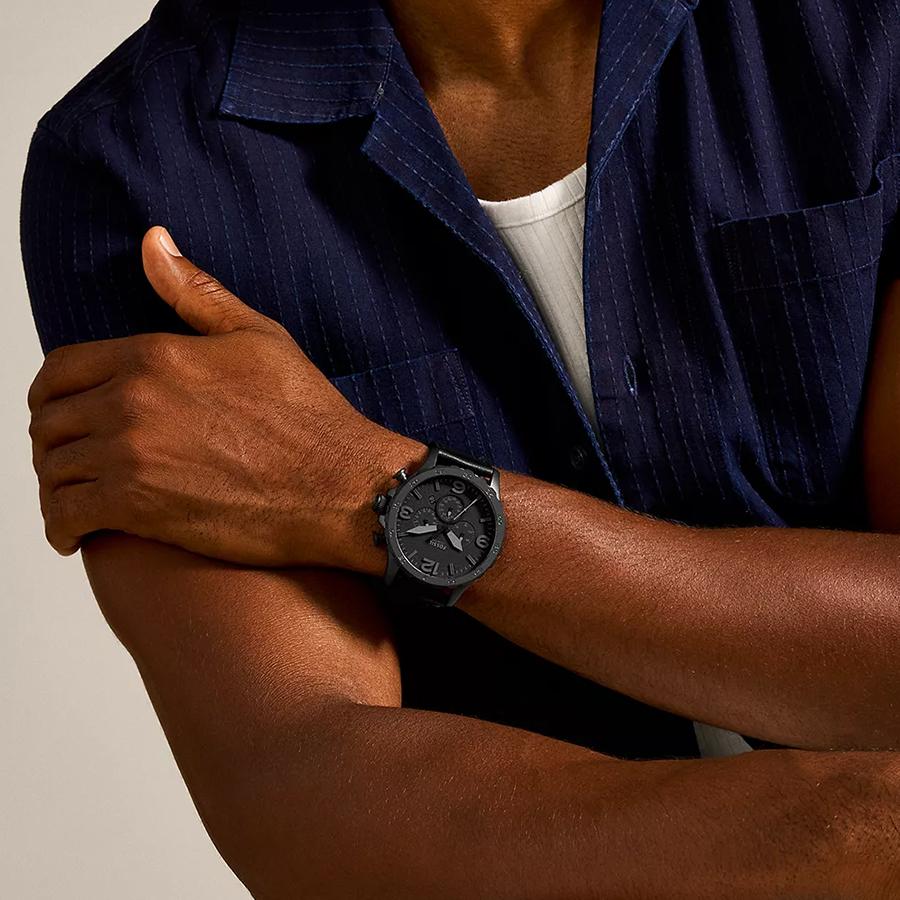 Fossil Men's Nate Stainless Steel Quartz Black Leather Chronograph Watch JR1354