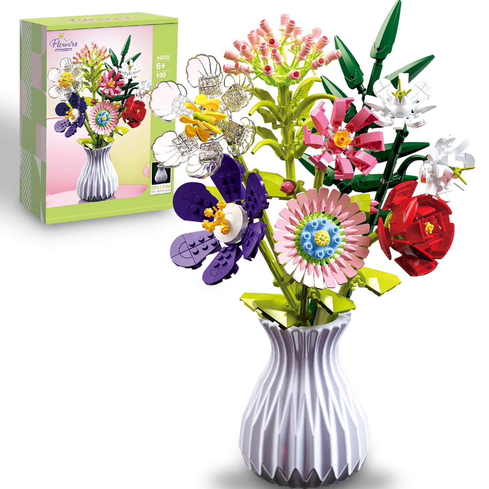 

730PCS Crative Bouquet Building Blocks Sets With Plastic Vase DIY Flower Blocks Toys Gifts Sets Desktop Ornament With box