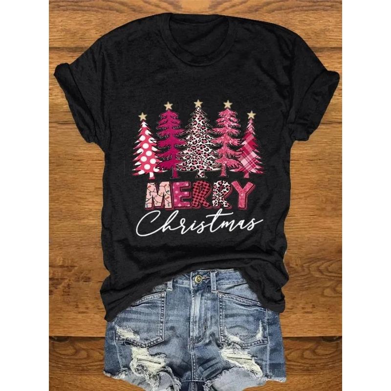 Letní dámská trička s krátkým rukávem, módní, ležérní, s 3D potiskem vánočního stromku a kulatým výstřihem