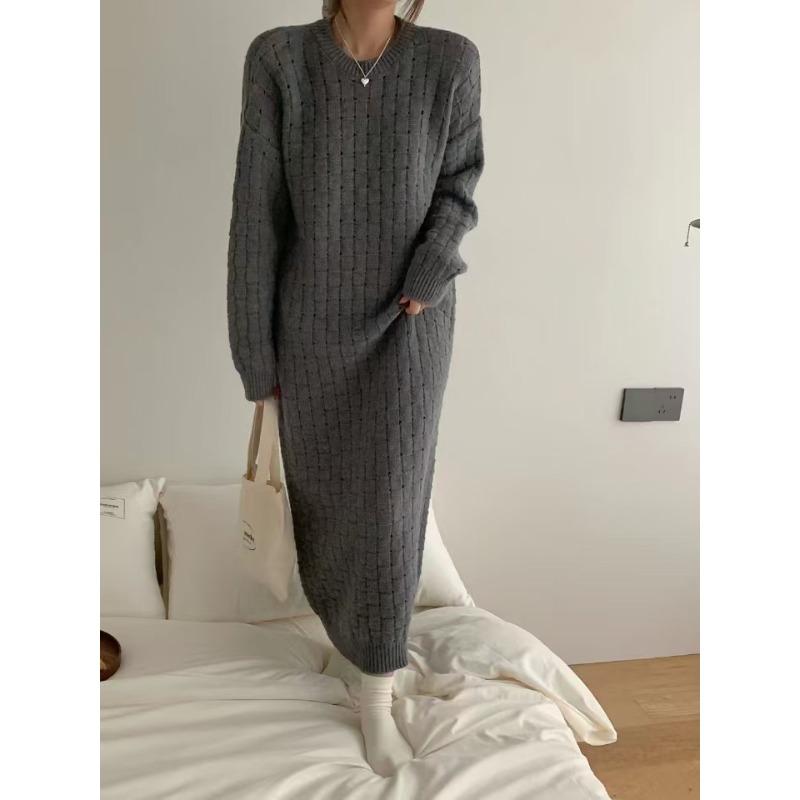 

Темпераментное платье с круглым вырезом, свободного кроя, вязаное, женское, осенне-зимнее, новая модная повседневная модель, с подкладкой, юбка-свитер one size fits all серый