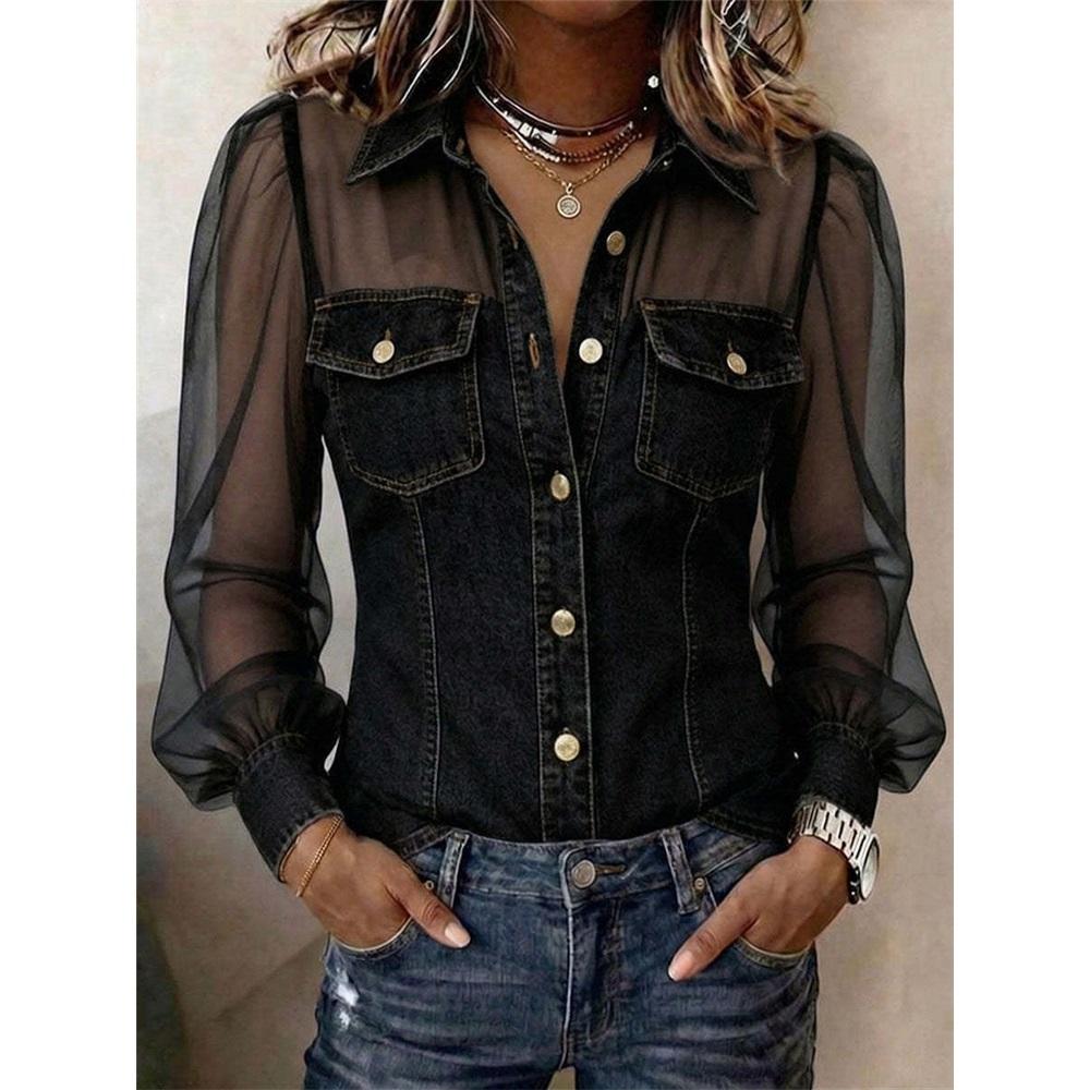 Fashionable Women s Casual V-Neck Printed Denim Chiffon Long Sleeve Top 2XL