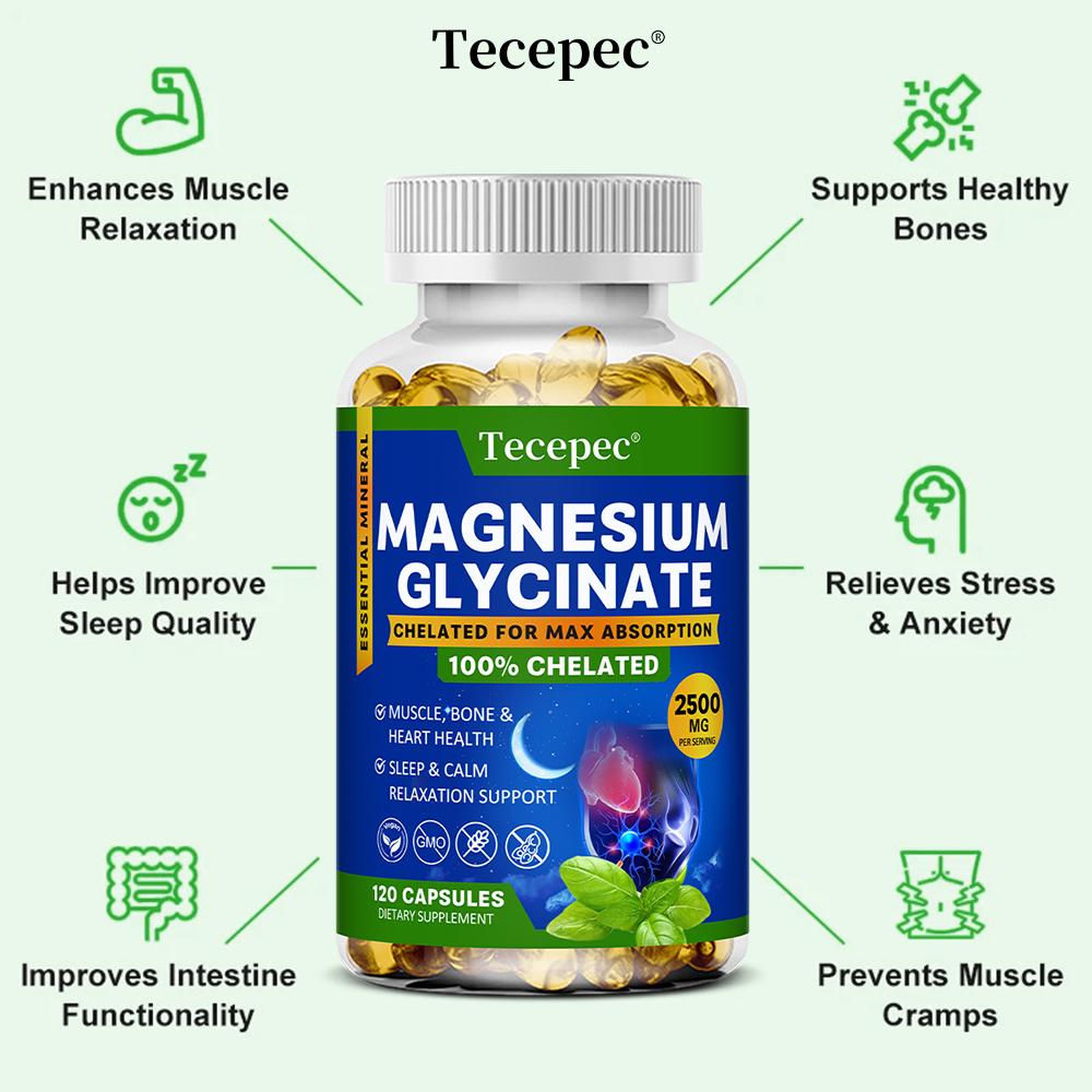 Magnesiumglycinat Chelat Kapseln, 2500mg Pro Portion, 120 Kapseln, 60-Tage-Vorrat, Nahrungsergänzungsmittel
