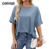 Camiseta de verano para mujer, de color liso, con cuello redondo, talla grande, holgada y de manga corta