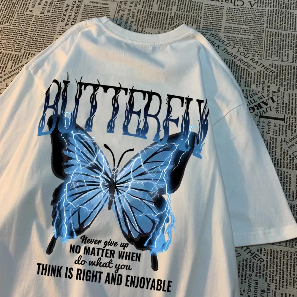 Blue Lightning Butterfly Creative Word T-Shirt Men Casual Oversized T-Shirt Casual Loose Tee Clothes Pattern Quality Tops