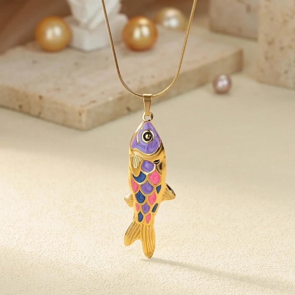 Elegant Enamel Ocean Necklace Snake Chain Marine Life Necklace Unique Fish Pendant Necklace  Retro