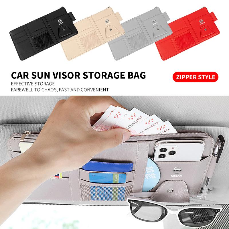 New Car Leather Sun Visor Storage Clip Light Shield Storage Bag For Nissan Qashqai X J10 J11 Trail Tiida Juke Teana Pulsar Versa