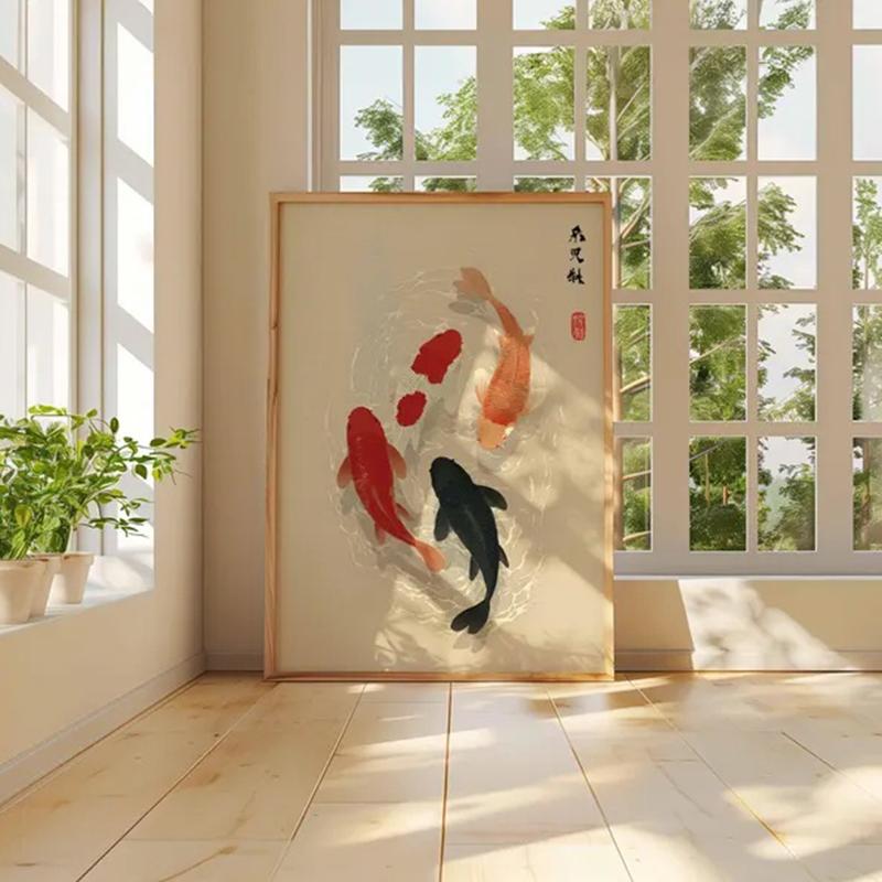 Japonský kapr plakát, Minimalistické asijské nástěnné umění, Zenová vodní malba, Japandi dekorace, Klidné jezírko Moderní orientální umělecké dílo