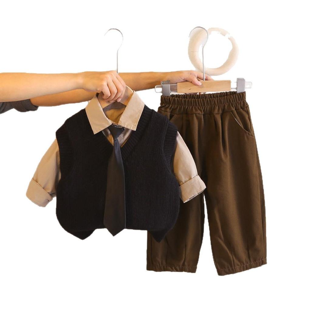 2026 Spring Children's Knit Vest & Long Sleeve Three-Piece Set - Korean Style Fashion for Boys