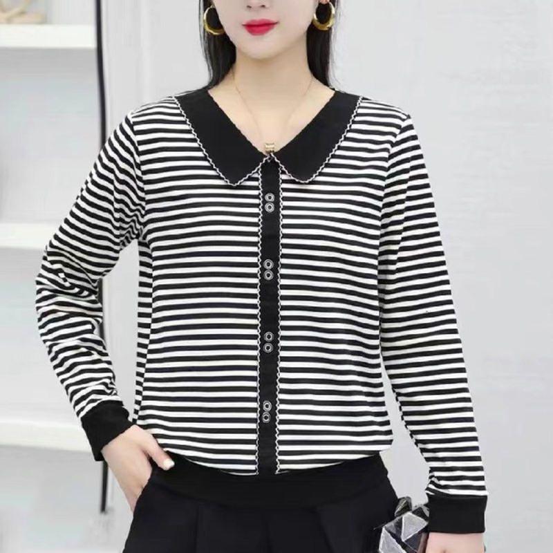 

Spring and Autumn Striped Long-sleeved T-shirt Women s Button Casual Top Women 5XL чорний