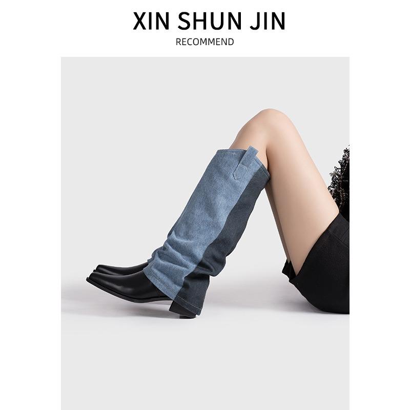 Pointed Pleated High-heeled Piled Boots Women's Autumn and Winter New Thick-heeled Boots But Knee-high Cowboy Boots