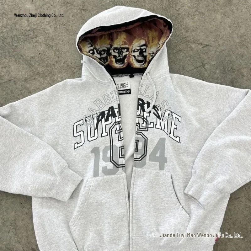 Boys' National Tide Cardigan Hoodie with 2024 Print in Light Gray